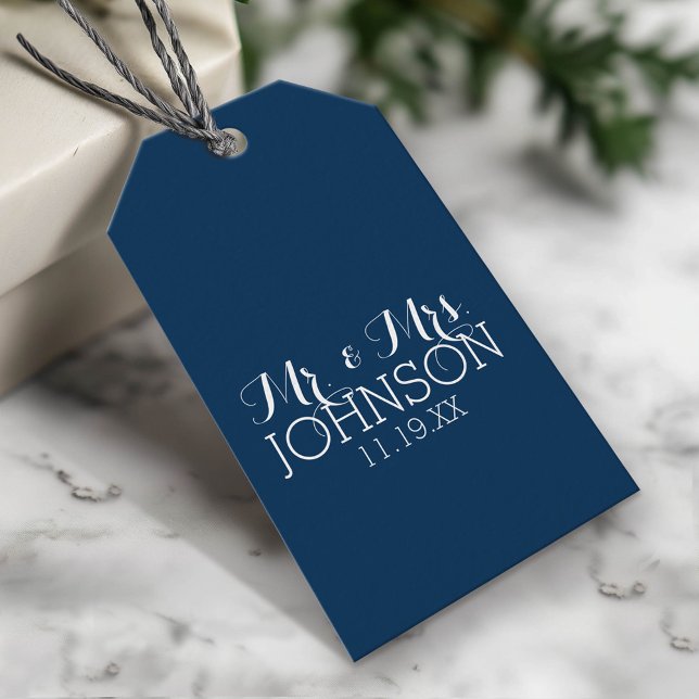 Mr & Mrs Wedding Favor Solid Färg Navy Blue Presentetikett (Custom Gift Tag)