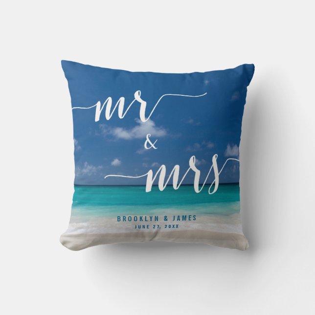 Mr och Calligraphy Beach Wedding Pillows Kudde (Framsida)