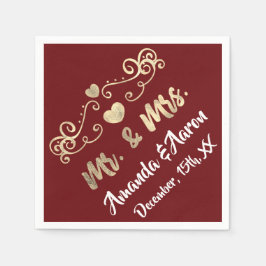 Mr och Heart Burgundy Maroon Champaigne Guld Pappersservett