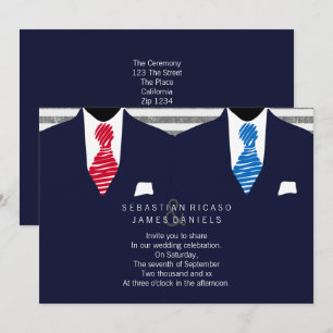 Mr. och Mr. Kostym och Tie Gay Bröllop (Blue Red) Inbjudningar