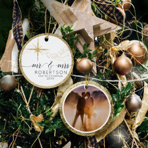 Mr. och Mrs. 1: a julen Guld Glitter Star Photo Julgransprydnad Keramik