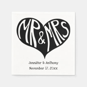 Mr och Mrs Black and White Heart Shape Bröllop Pappersservett