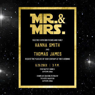 Mr. och Mrs. Black Guld Sci Fi Bröllopsinbjudan Vykort