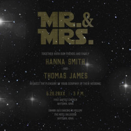 Mr. och Mrs. Black Guld Sci Fi Bröllopsinbjudan Vykort