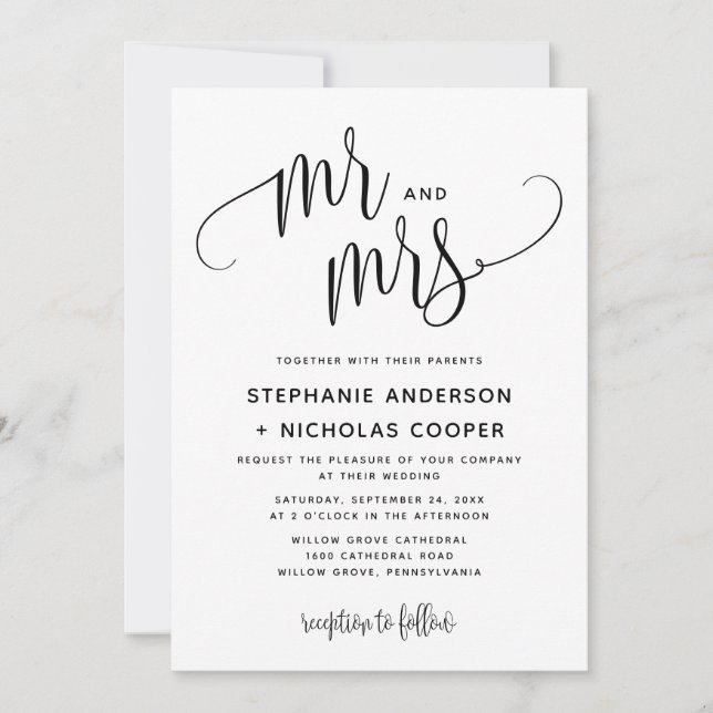 Mr. och Mrs. Black Loving Script Typography Bröllo Inbjudningar (Framsida)