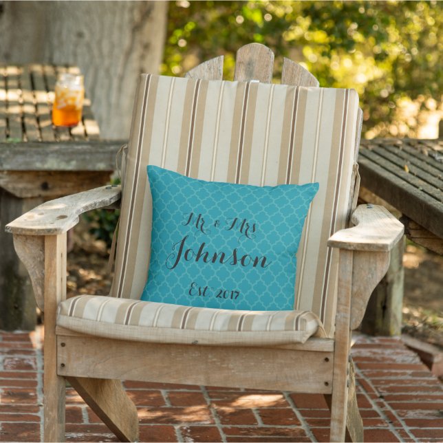 Mr. och mrs Bröllop Pillow Turcos & Teal Blue Utomhuskudde (Stol)