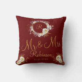Mr och Mrs Burgundy Guld Blommig Monogram Logotyp Kudde