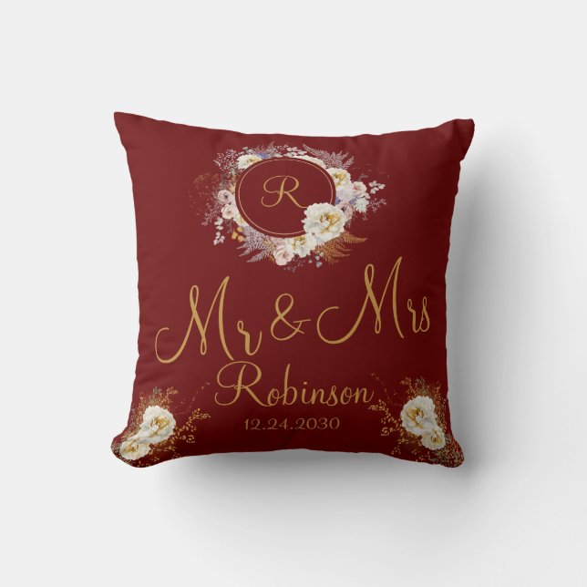 Mr och Mrs Burgundy Guld Blommig Monogram Logotyp  Kudde (Framsida)