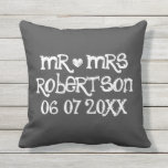 Mr. och Mrs. chalkboard bröllop utomhus dekorativ  Kudde<br><div class="desc">Anpassningsbar Mr. och Mrs. Black chalkboard bröllop utomhus dekorativ kudde. Personlig svarta kuddar för kuddar för yttre stol, soffa eller säng. Vintage av roligt med vitt hjärta, datum för det nyfällda paret giftermål och namn. Personlig för grav- och brudgumm/make och hustru. Romantiska, rustiska bröllopspresenter för nyfödda. Dekorativa dekorationer för bakgård,...</div>