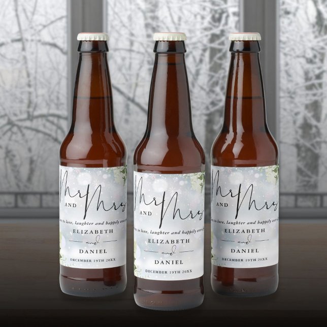 Mr och Mrs Cheers till Kärlek Winter Wedding Ölflaska Etikett (Mr And Mrs Cheers To Love Winter Wedding Beer Bottle Label)