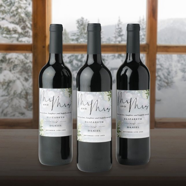 Mr och Mrs Cheers till Kärlek Winter Wedding Vinflaska Etikett (Mr And Mrs Cheers To Love Winter Wedding Wine Label)