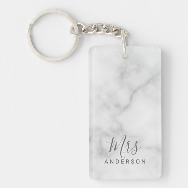 Mr och Mrs. | Elegant Marble Modern Script Bröllop Nyckelring (Framsidan)