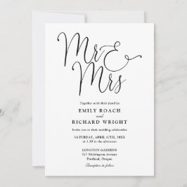 Mr och Mrs Elegant Script Black and White Bröllop Inbjudningar