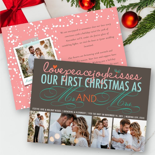 Mr och Mrs First jul Photo Collage Bröllop Inbjudningar (Love Peace Joy Kisses Mr And Mrs First Christmas 4 Photo Collage Wedding Holiday Card @ fat_fa_tin)