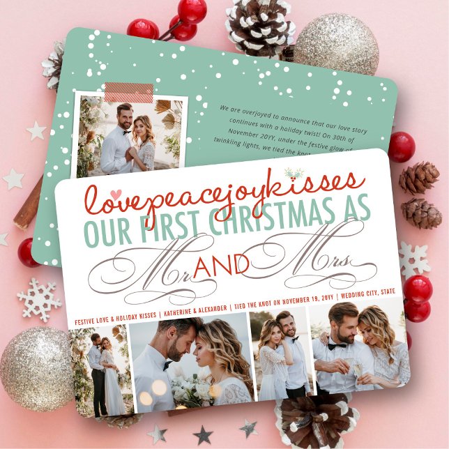 Mr och Mrs First jul Photo Collage Bröllop Julkort (Love Peace Joy Kisses - Mr & Mrs First Christmas - 4 Photo Collage Holiday Wedding Card by fatfatin)