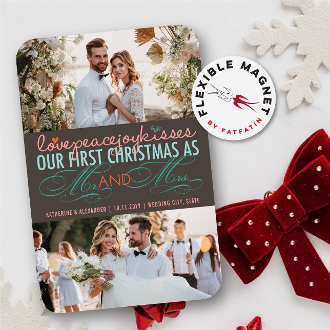 Mr och Mrs First jul Photo Collage Bröllop Magnet (Love Peace Joy Kisses Our First Christmas As Mr And Mrs 3 Photo Holiday Wedding Flexible Magnet)