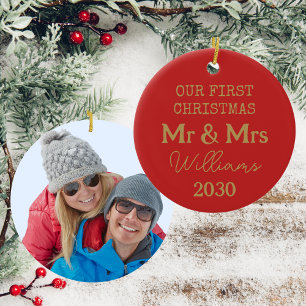 Mr. och Mrs. First jul Red and Guld Photo Julgransprydnad Keramik