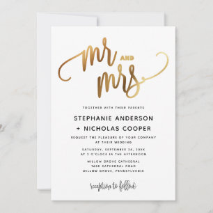 Mr. och Mrs. Guld Loely Script Typography Bröllop Inbjudningar