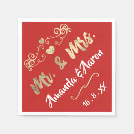 Mr och Mrs Heart Red Ruby Champaigne Guld Pappersservett