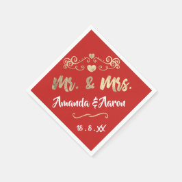 Mr och Mrs Heart Red Ruby Champaigne Guld Pappersservett