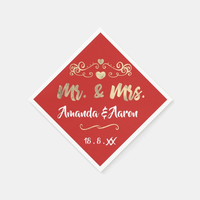 Mr och Mrs Heart Red Ruby Champaigne Guld Pappersservett (Hörn)