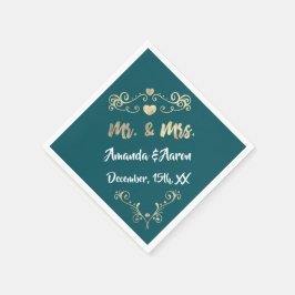 Mr och Mrs Heart teal Aqua White Champaigne Guld Pappersservett