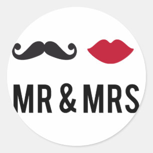 Mr. och mrs med mustache och Red läppar. Runt Klistermärke