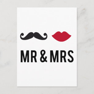 Mr. och mrs med mustache och Red läppar. Vykort