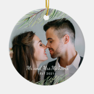 Mr och Mrs med Year och Photo jul Julgransprydnad Keramik