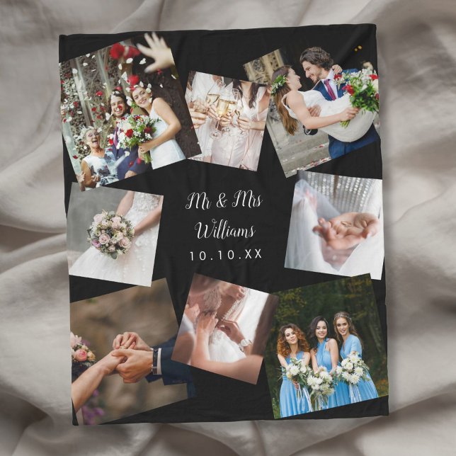 Mr och Mrs Modern Bröllop Photo Collage Fleecefilt (Mr And Mrs Modern Wedding Photo Collage Fleece Blanket)