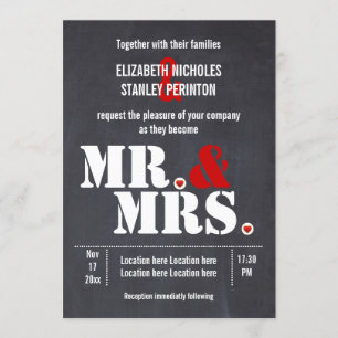 Mr och Mrs Modern typography black red bröllop Inbjudningar