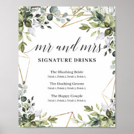 Mr och Mrs namnteckning drinkar boho greenery Sign Poster