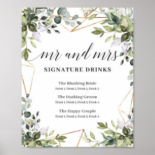 Mr och Mrs namnteckning drinkar boho greenery Sign Poster