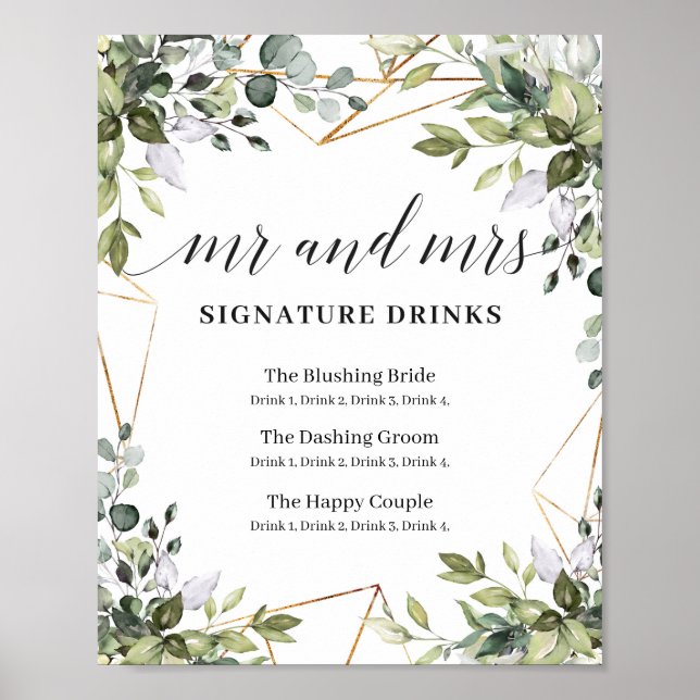 Mr och Mrs namnteckning drinkar boho greenery Sign Poster (Framsidan)