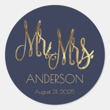 Mr och Mrs Navy Blue Faux Gold Foil Typography