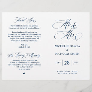 Mr och Mrs, Navy Blue, Folable Bröllopsprogram