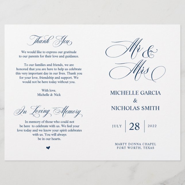 Mr och Mrs, Navy Blue, Folable Bröllopsprogram (Framsida)