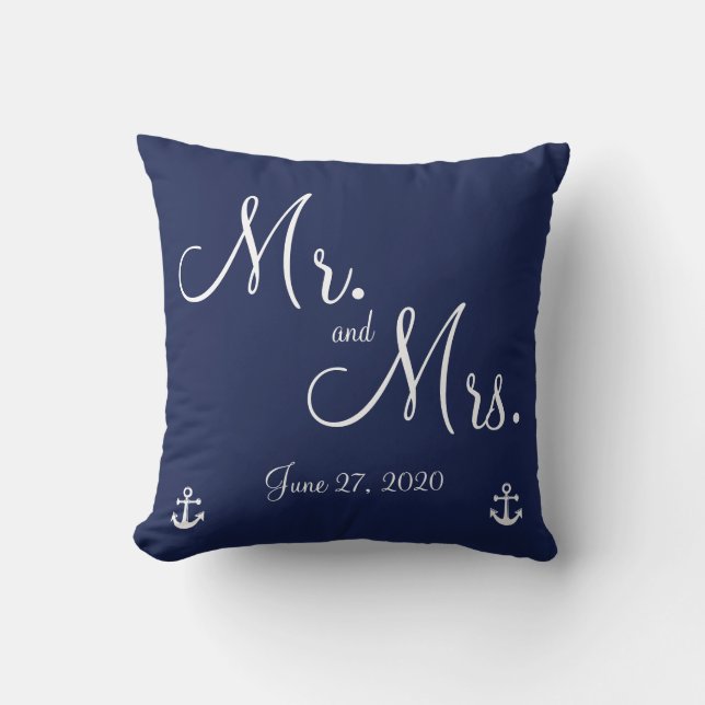 Mr och Mrs Navy Blue Nautical Bröllop Pillows Kudde (Framsida)