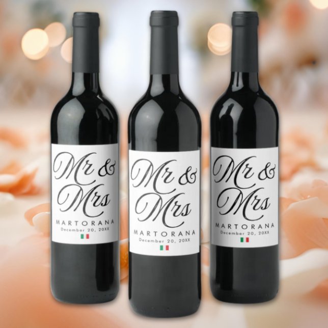 Mr och Mrs Personlig Italiensk Bröllopspresent Vinflaska Etikett (Mr & Mrs Personalized Italian Wedding Wine Label with Flag of Italy icon)