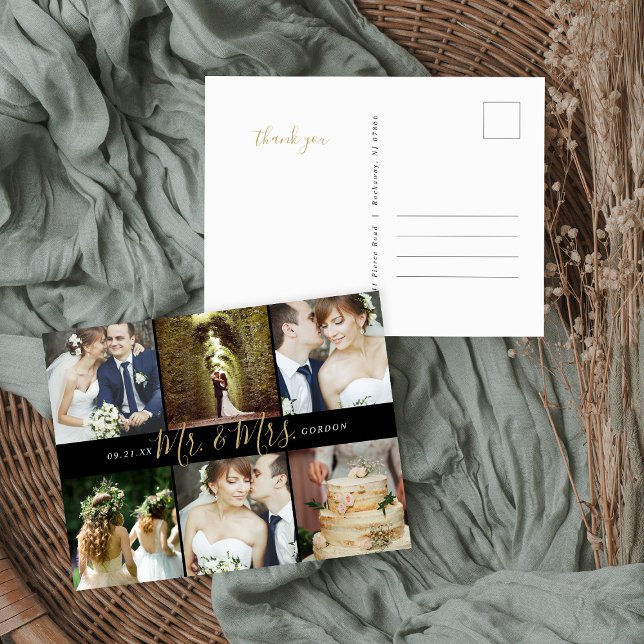 Mr. och Mrs. Photo Collage Bröllop Tack Vykort (Skapare uppladdad)