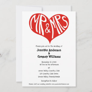 Mr och Mrs Red and White Heart Shape Bröllop Inbjudningar