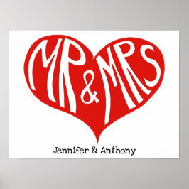 Mr och Mrs Red and White Heart Shape Bröllop Poster
