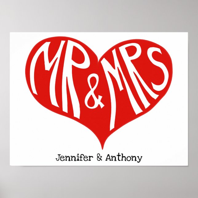 Mr och Mrs Red and White Heart Shape Bröllop Poster (Framsidan)
