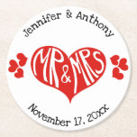 Mr och Mrs Red and White Heart Shape Bröllop Underlägg Papper Rund<br><div class="desc">Lägg till en roligt till bröllop med dessa personlig pappra underlägg. De har en fet grafik i mitten med "Mr & Mrs" i vitt handritade bokstäver inuti en röd hjärtform. Dessa leveranser från party är redot att vara personlig med namn i bruden och brudgummen och deras bröllop-datum.</div>