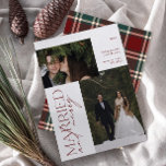 Mr och Mrs Red Grönt Tartan Married & Merry Photo Julkort<br><div class="desc">Vi presenterar vårt fantastiska nya, minimalistiska Mr. och Mrs. Red and Grönt Tartan Married & Merry Photo Helgdag Card: en modern design med elegant typografi och ett omhuldat bröllop-foto, med rött och vitt utseende. Den minimalistiska fronten kompletteras av en varm, festlig , med en röd och grönt tand på baksidan...</div>