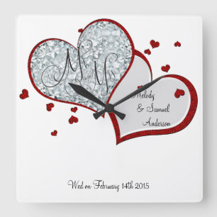 Mr och Mrs. Ruby och Diamond Hearts Fyrkantig Klocka