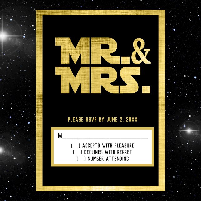 Mr. och Mrs. Sci Fi Black Guld Bröllop OSA Kort (sci fi wedding rsvp)