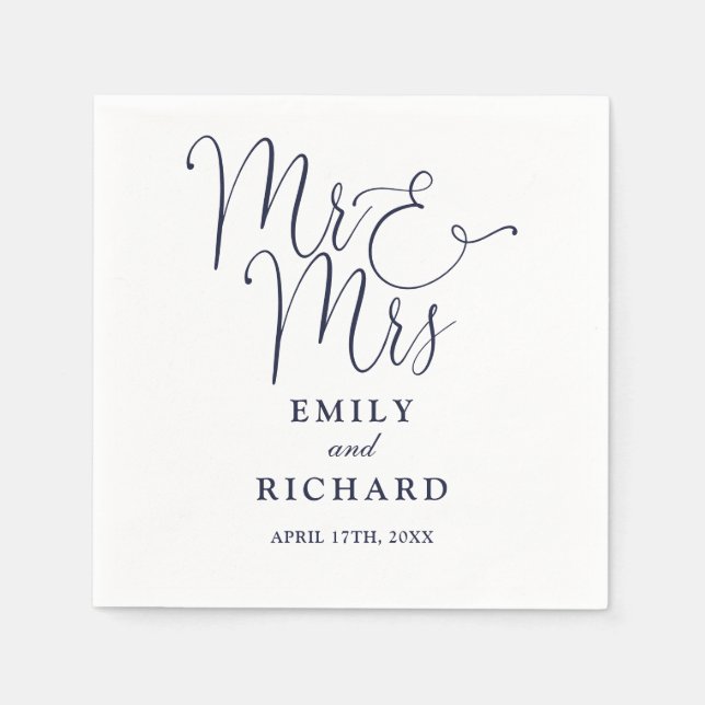 Mr och Mrs Script Elegant Navy Blue Bröllop Pappersservett (Framsidan)
