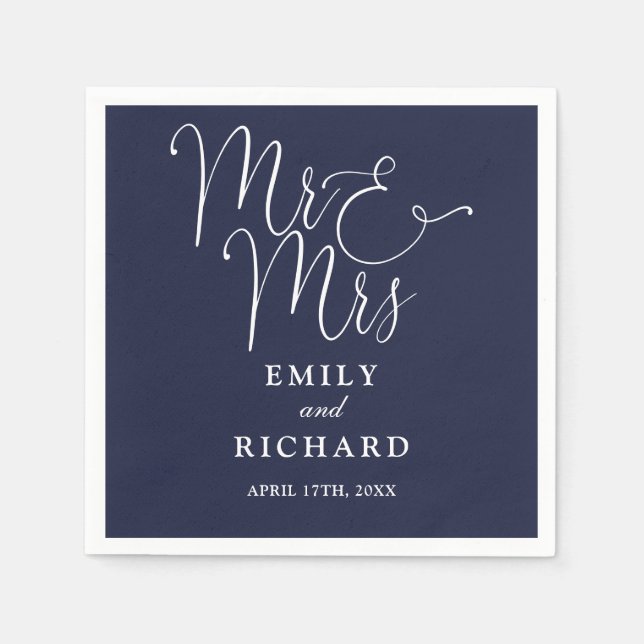 Mr och Mrs Script Elegant Navyblå Bröllop Pappersservett (Framsidan)