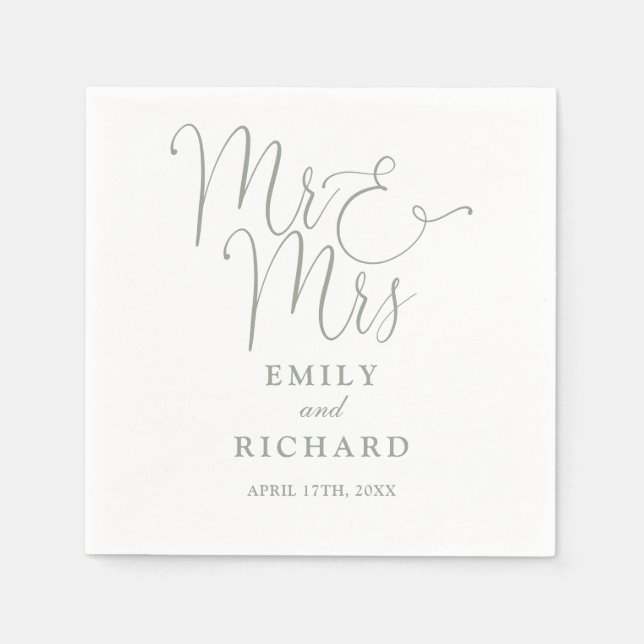 Mr och Mrs Script Elegant Sagegrön Bröllop Pappersservett (Framsidan)